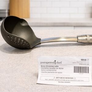 Pampered Chef Black Nylon Straining Ladle with Silver Handle